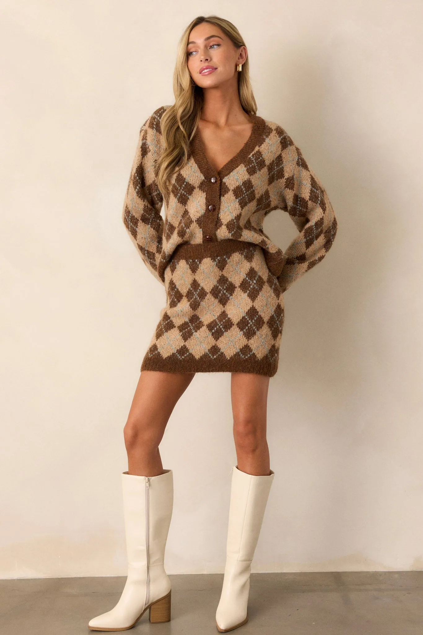 Stardust Whisper Brown Argyle Knit Mini Skirt