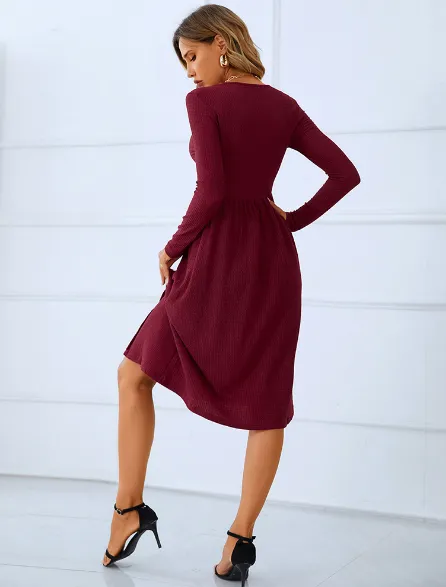 TastyHottie - red round neck skirt long sleeve pleated button dress