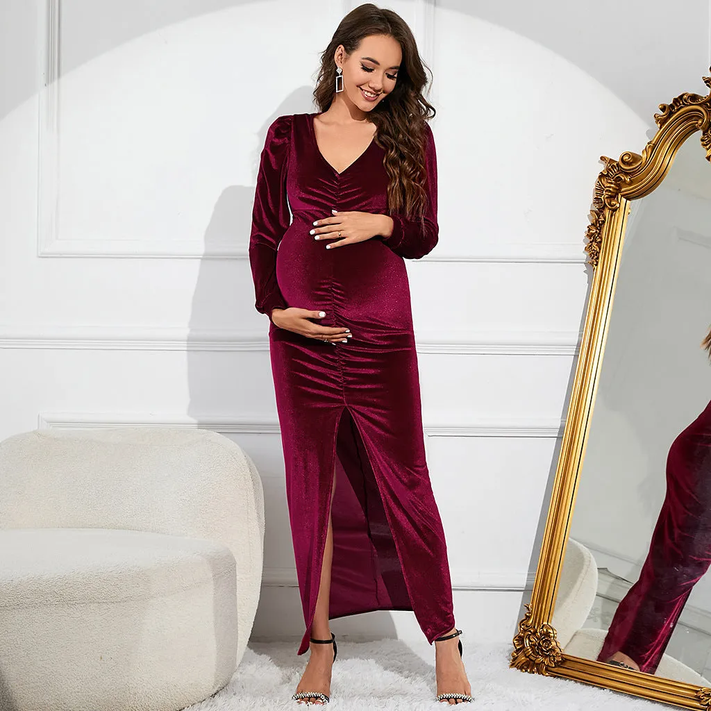 Velvet Slit Bodycon Maternity Dress W2023