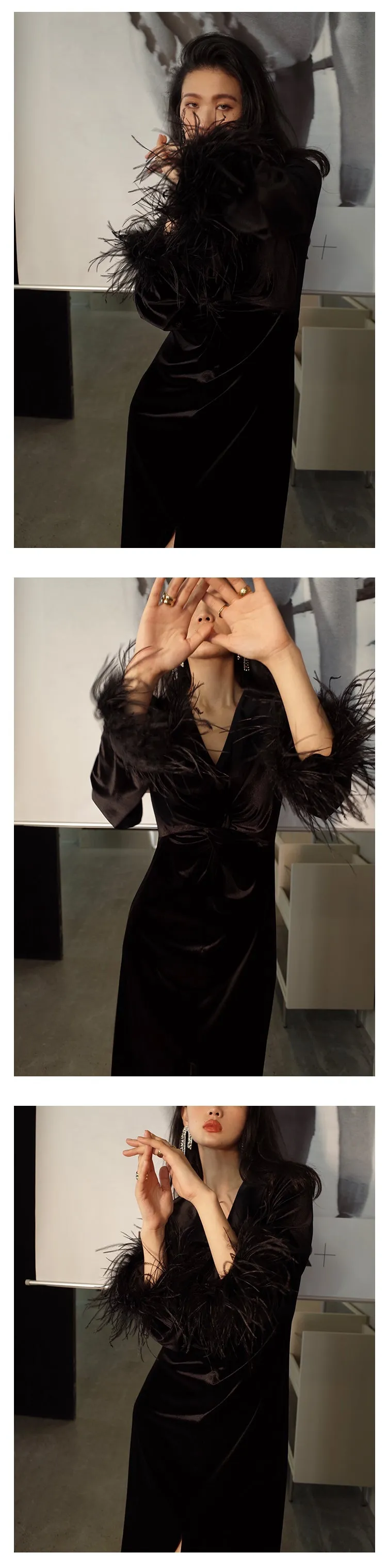 Velvet Twisted Waist feather cuff Slit V-Neck lbd cocktail dress - Risoma