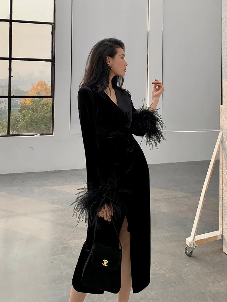 Velvet Twisted Waist feather cuff Slit V-Neck lbd cocktail dress - Risoma
