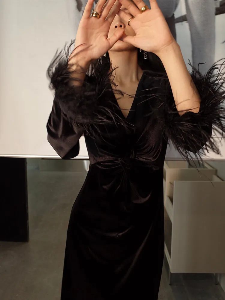 Velvet Twisted Waist feather cuff Slit V-Neck lbd cocktail dress - Risoma