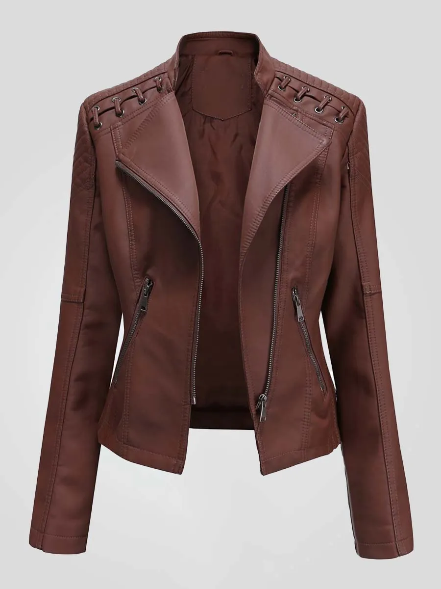 Vintage Cropped Slim Fit Leather Biker Jacket