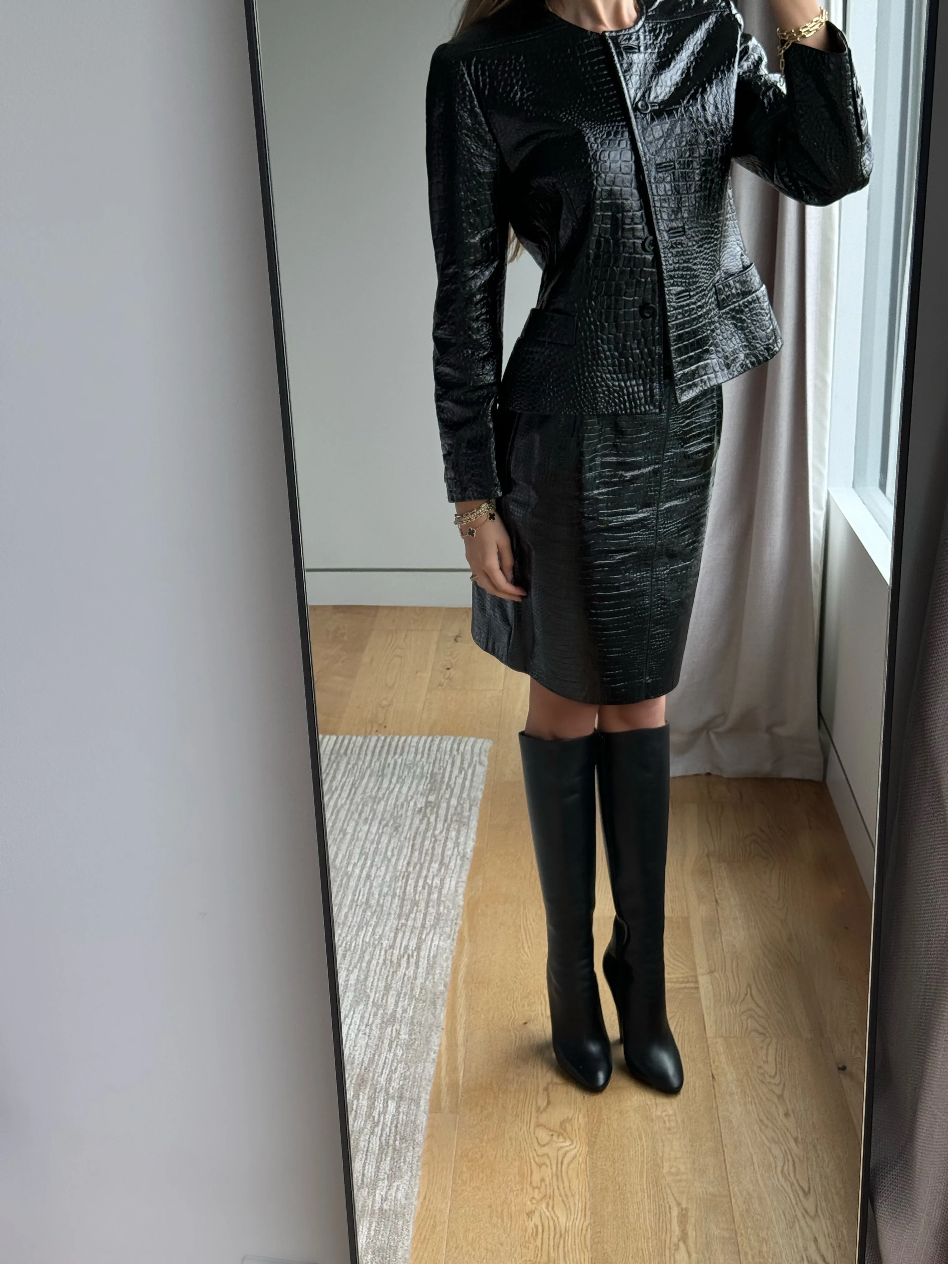 Vintage Escada Leather Embosssed Skirt Set