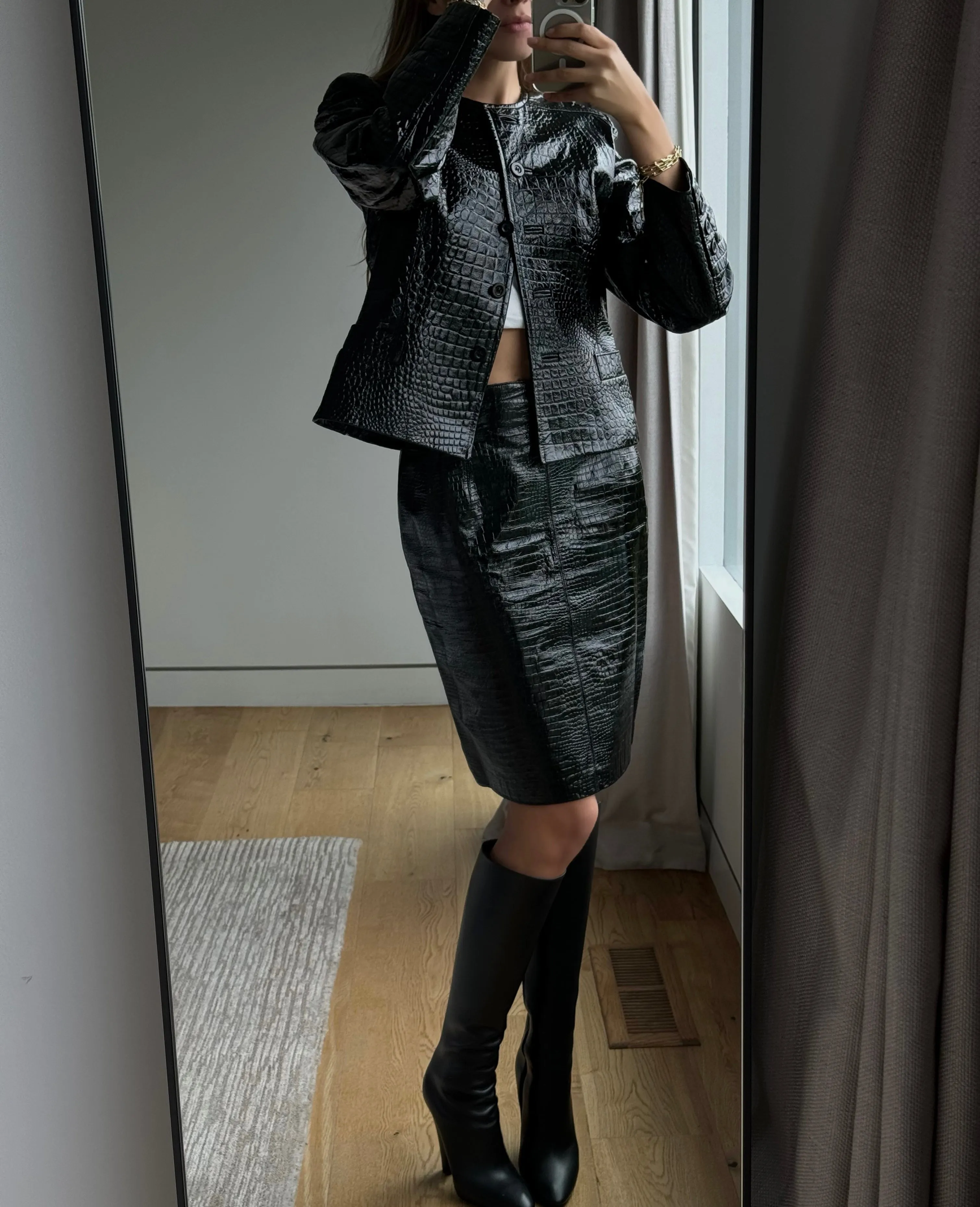 Vintage Escada Leather Embosssed Skirt Set