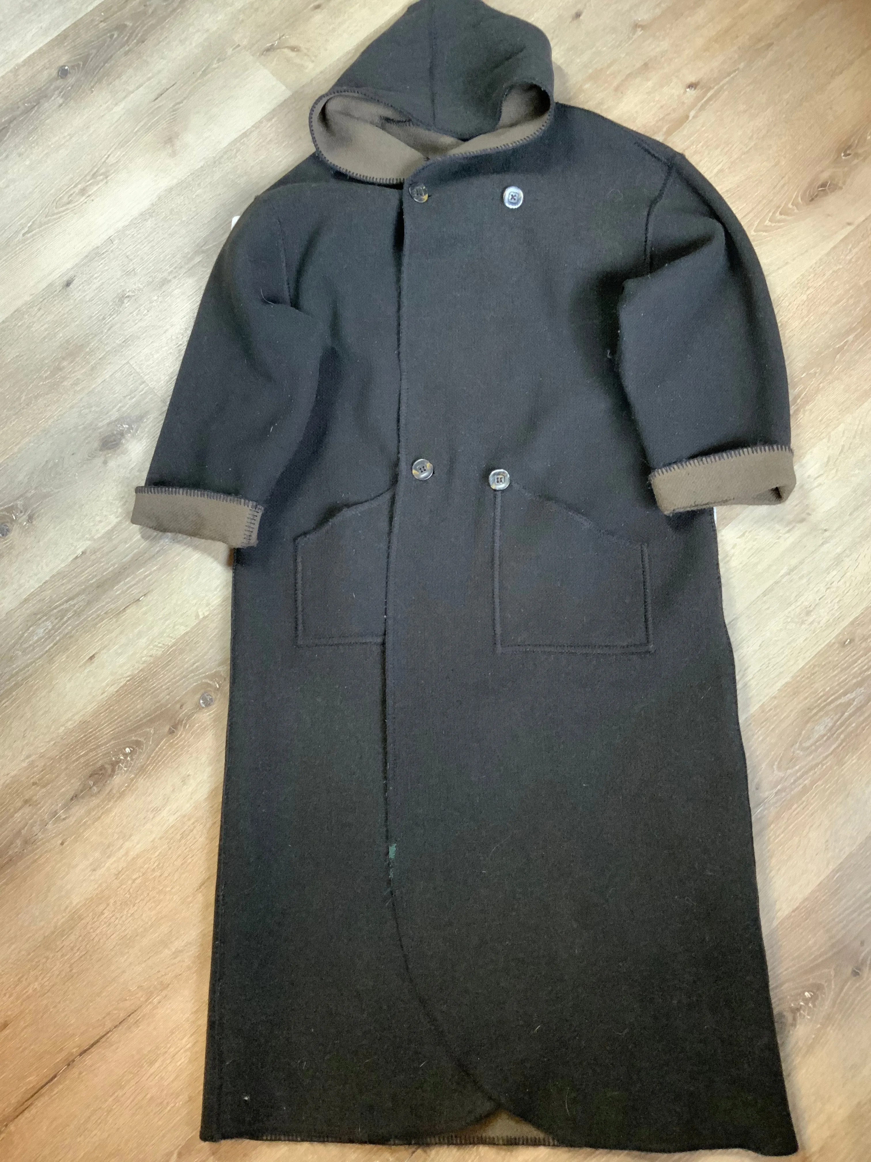 Vintage Linda Lundstrom Black and Brown Reversible Wool Coat, Made in Canada SOLD