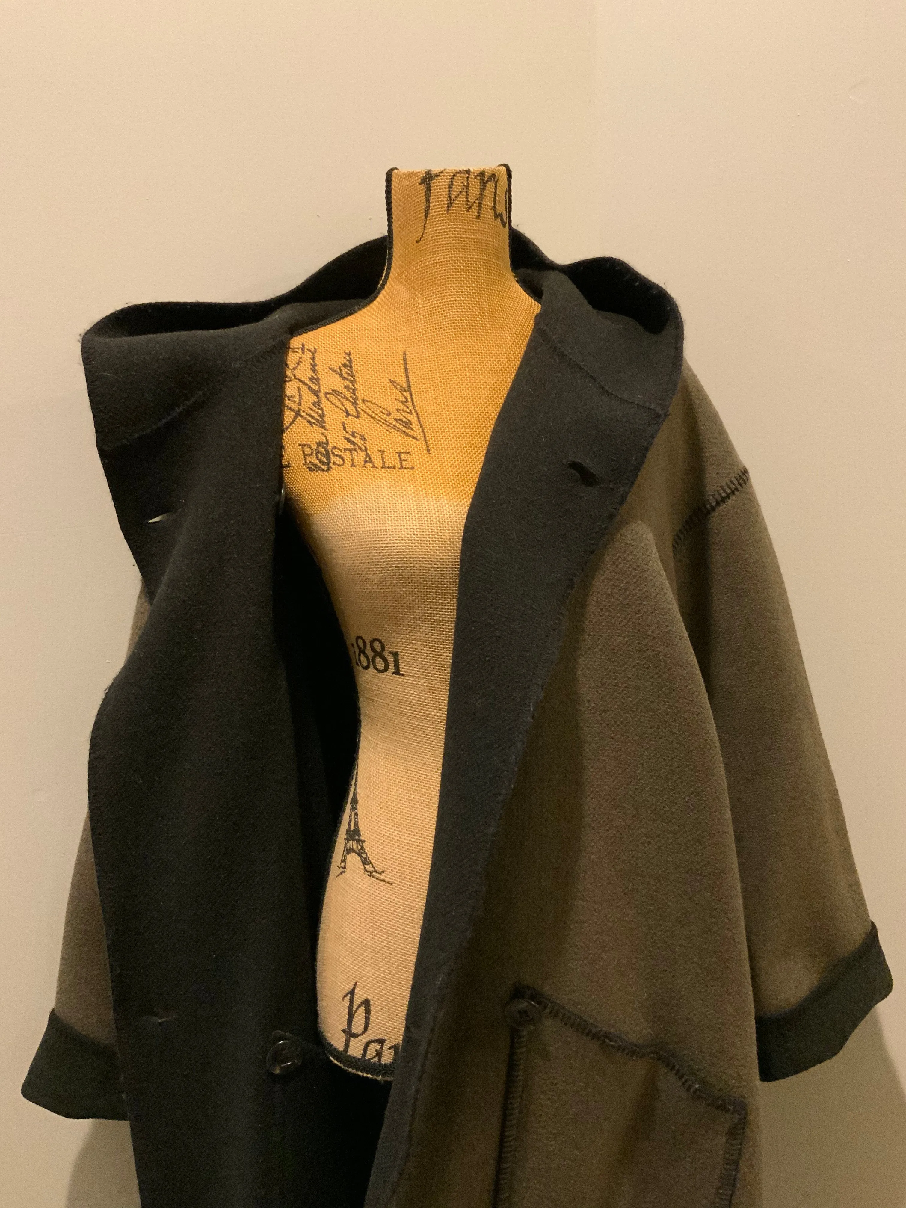 Vintage Linda Lundstrom Black and Brown Reversible Wool Coat, Made in Canada SOLD