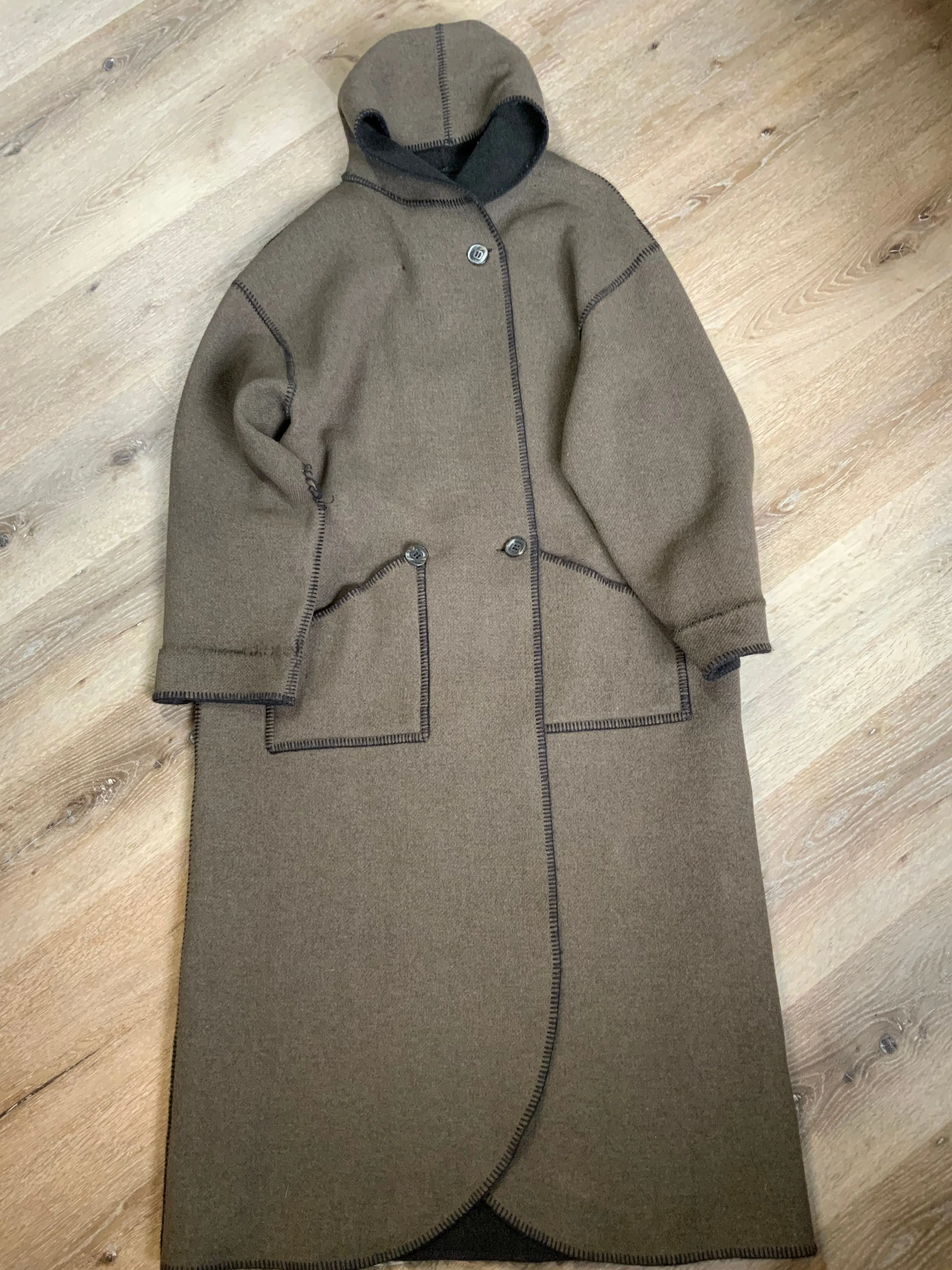 Vintage Linda Lundstrom Black and Brown Reversible Wool Coat, Made in Canada SOLD