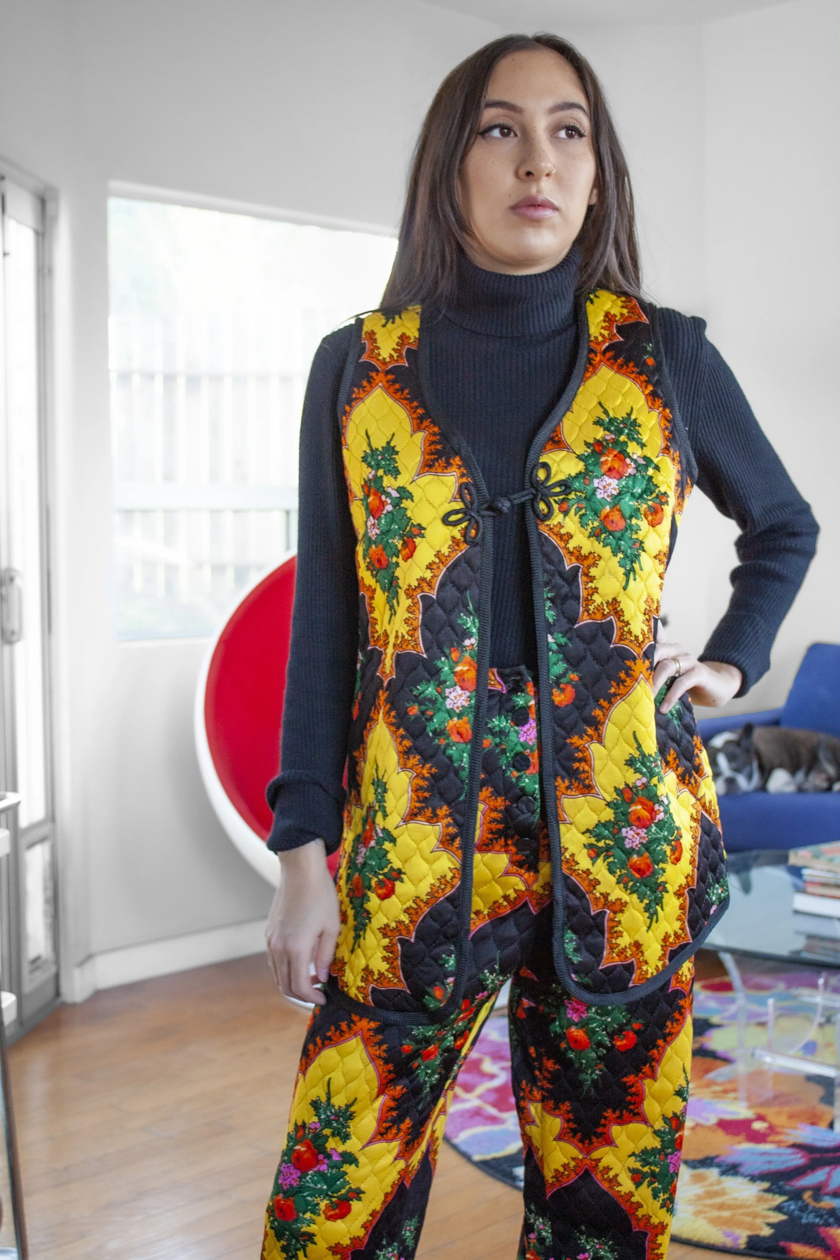 Vintage Rare 70's Quilted Floral Bell Bottom Set - M