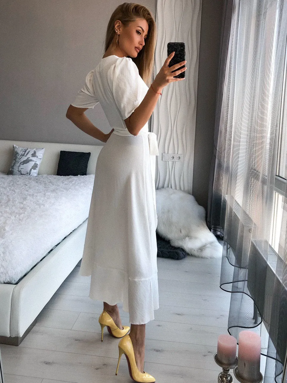 White Wrap Short Sleeve Midi Dress