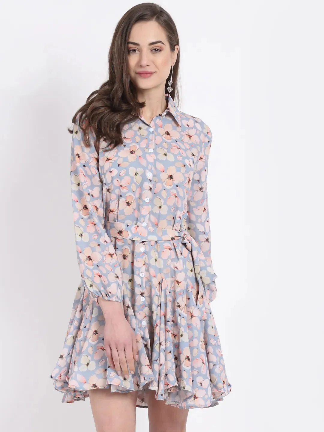 Women Sky Blue Floral Printed Collared Dress
