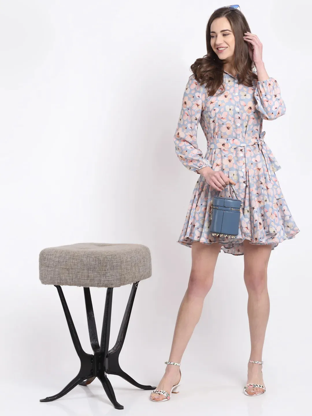 Women Sky Blue Floral Printed Collared Dress