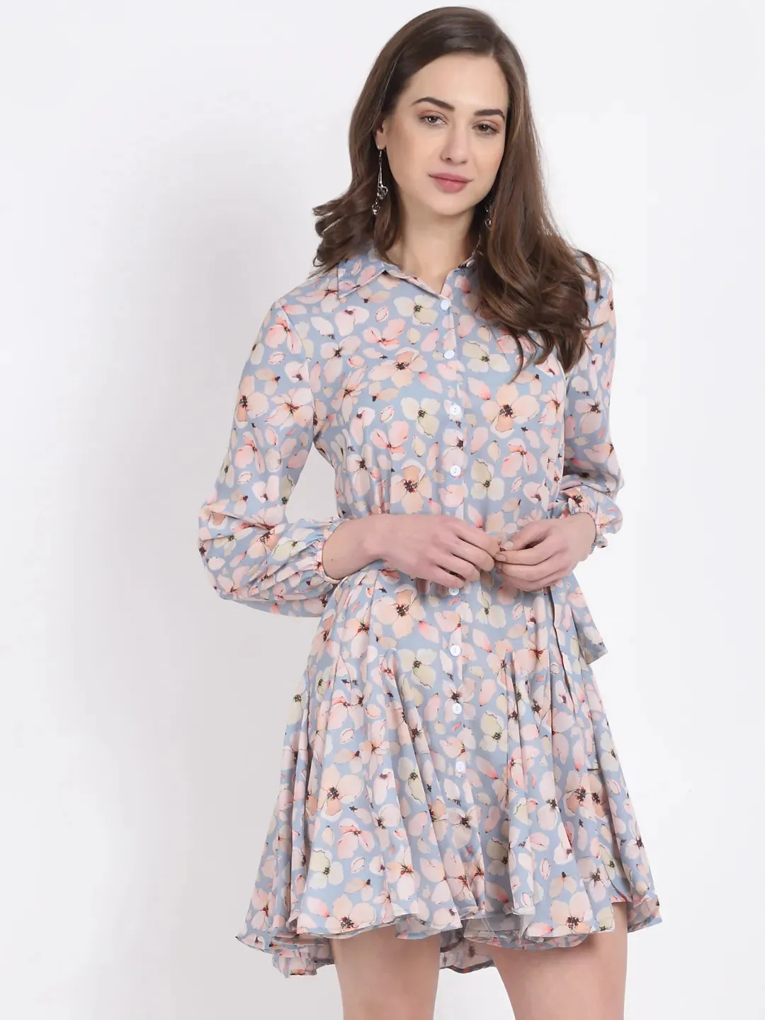 Women Sky Blue Floral Printed Collared Dress