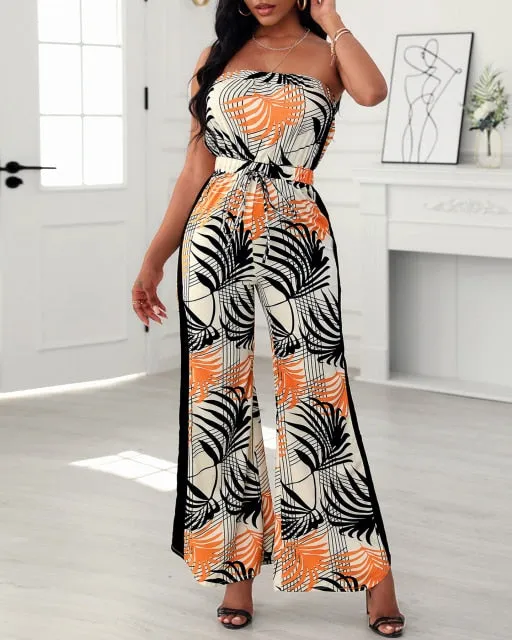 Women Summer Tropical Print Bandeau Wide Leg Jumpsuit Sleeveless Loose Sexy Beachwear Casual Rompers