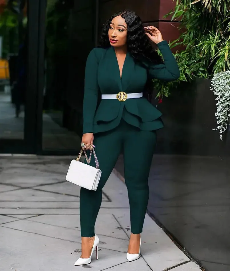 Women's Full Sleeve Ruffles Blazers Pencil Pants Suit Set – Two Piece Fall Season Lady's Outfit