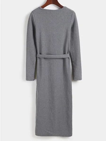 Women's New Round Neck Single-Breasted Solid Color Lace Knit Dress